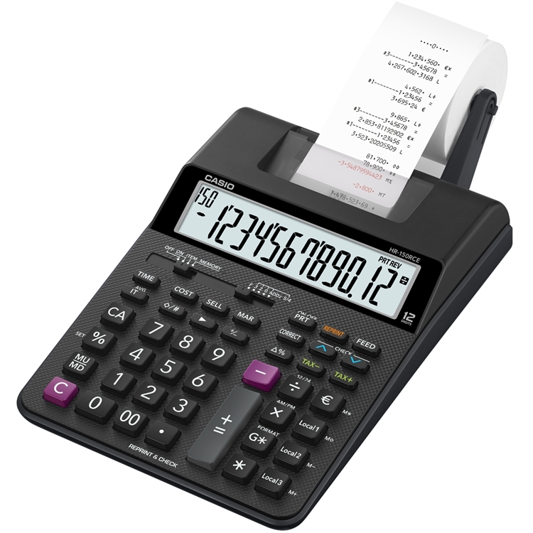 Nauhalaskin Casio HR-150 RCE - paristo- ja verkkokäyttöinen pienoisnauhalaskin, kaksiväritulostus