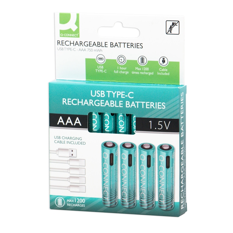 Paristo Q-Connect ladattava USB-C AAA /4 kpl - mukana latausjohto, joka lataa 4 paristoa yhtäaikaa