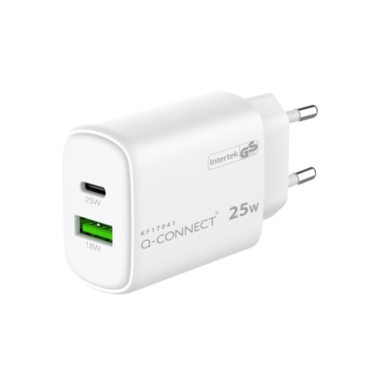 Laturi Q-Connect 25W USB-A ja USB-C valkoinen - oikosulku-, ylilataus- ja ylijännitesuoja