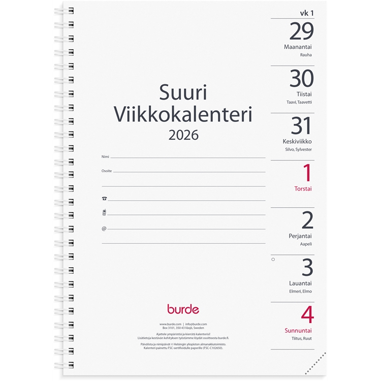 Kalenteri 2026 Suuri viikkokalenteri vuosipaketti