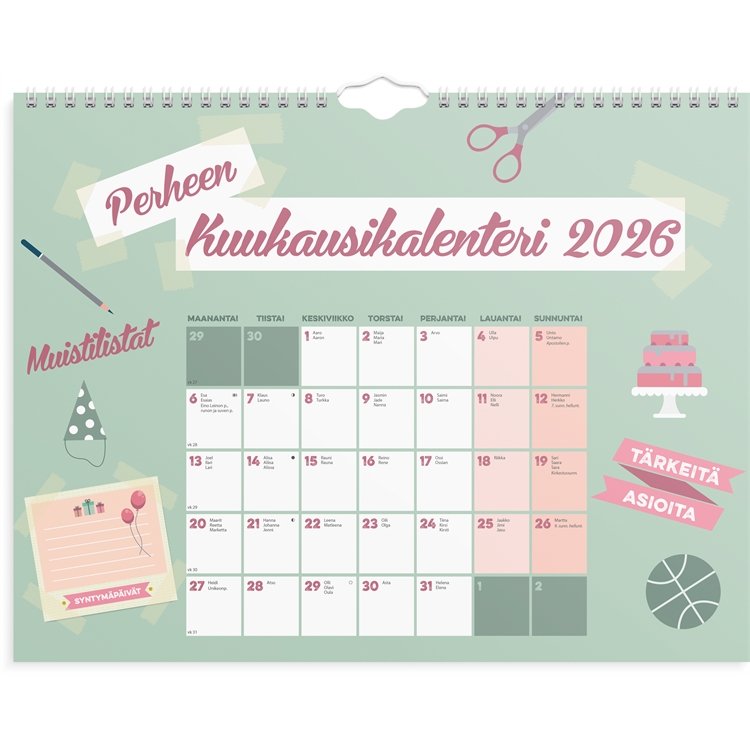 Perhekalenteri 2026 Perheen kuukausikalenteri