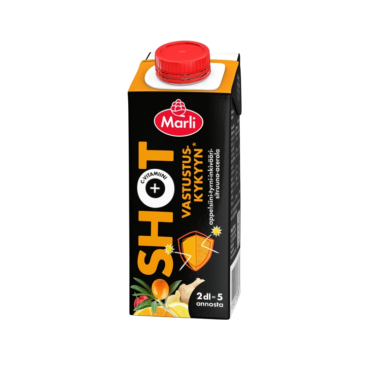 Shot Marli appelsiini-tyrni-inkivääri-sitruuna-acerola 2dl - viisi 4 cl annosta, 95 % täysmehu
