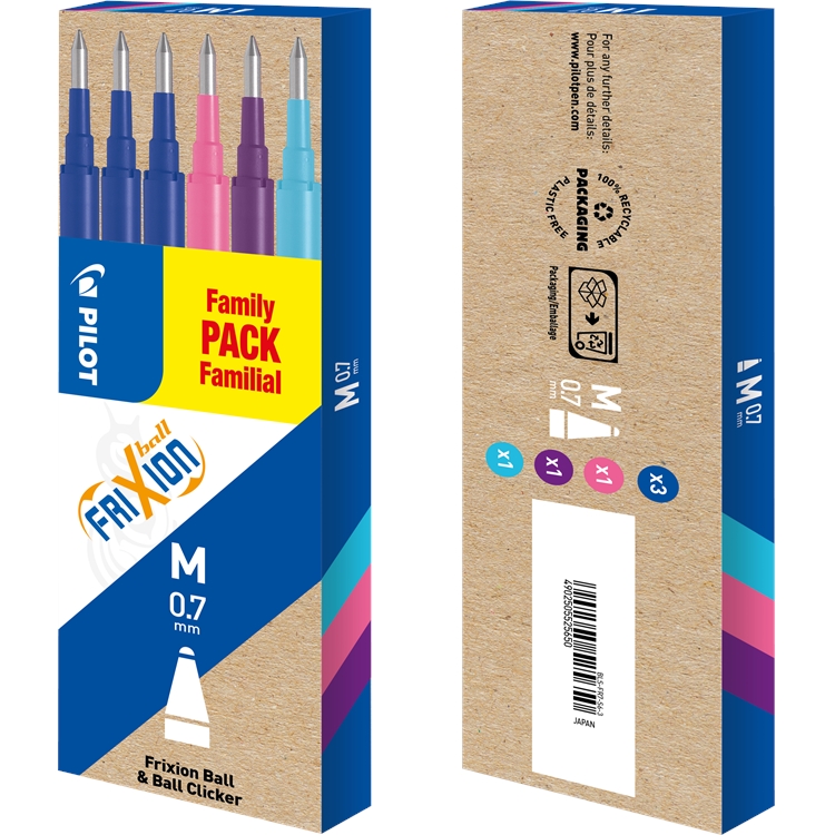 Säiliö Pilot Frixion 0.7 neljä väriä /6 kpl ltk - 3 sinistä, 1 pinkki, 1 violetti, 1 vaaleansininen