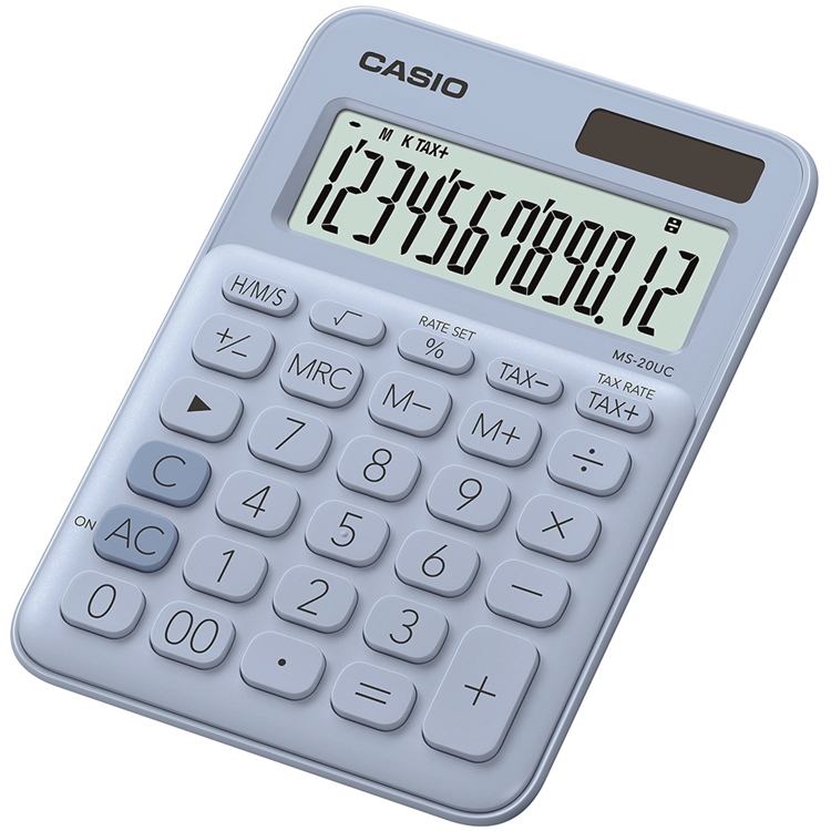 Pöytälaskin Casio MS-20UC-LB vaaleansininen - toimii valoenergialla tai paristoilla