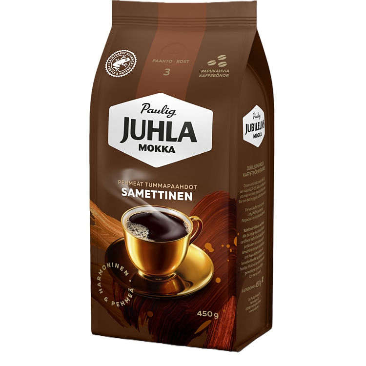 Kahvi Paulig Juhla Mokka Samettinen 450 g papu RFA - keskitummapaahto, maitosuklaisilla vivahteilla