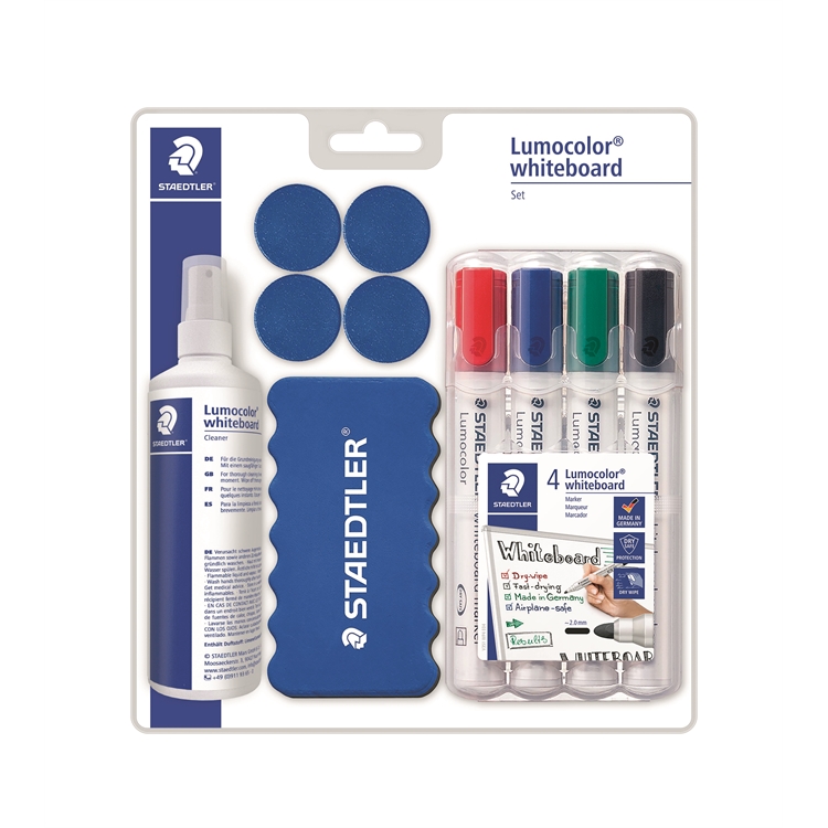 Tarvikepakkaus valkotaululle Staedtler Lumocolor - 4 tussia, pyyhin, puhdistusspray ja 4 magneettia