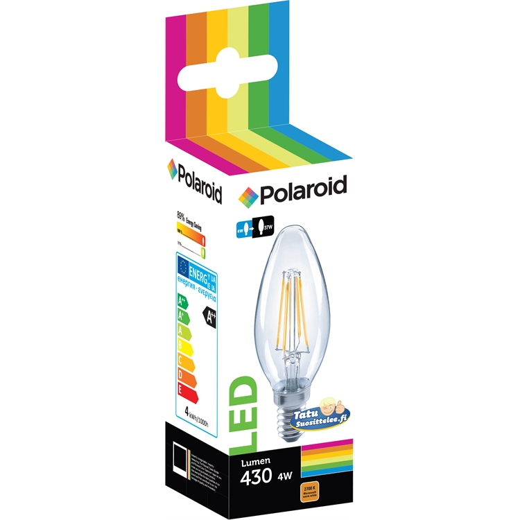 Lamppu Polaroid LED filament candle 4W E14 - vastaa 40W, Lumen 430, lämmin valkoinen 2700