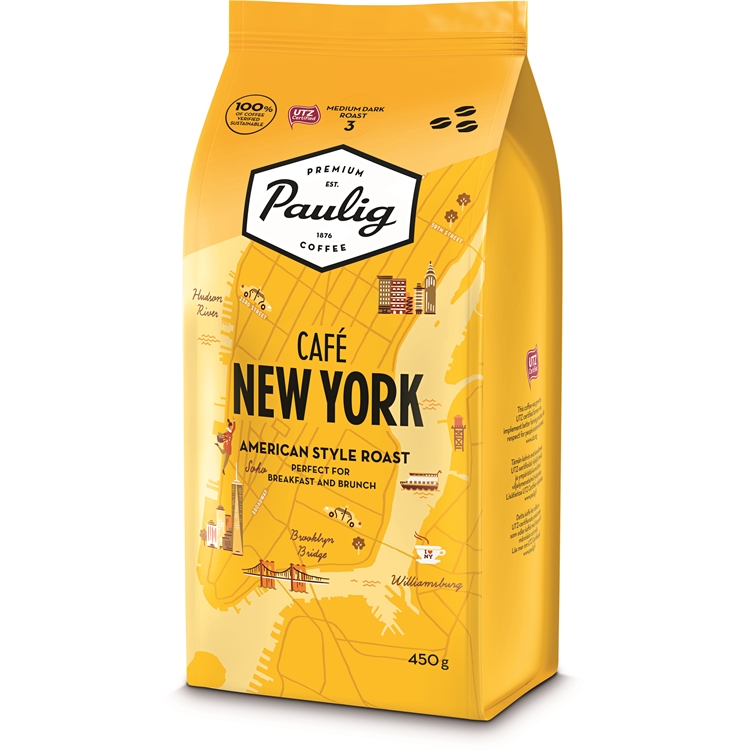 Kahvi Paulig Café New York papu 450g x 8 kpl UTZ-sertifioitu - keskitumma, makeahko, vivahteikas