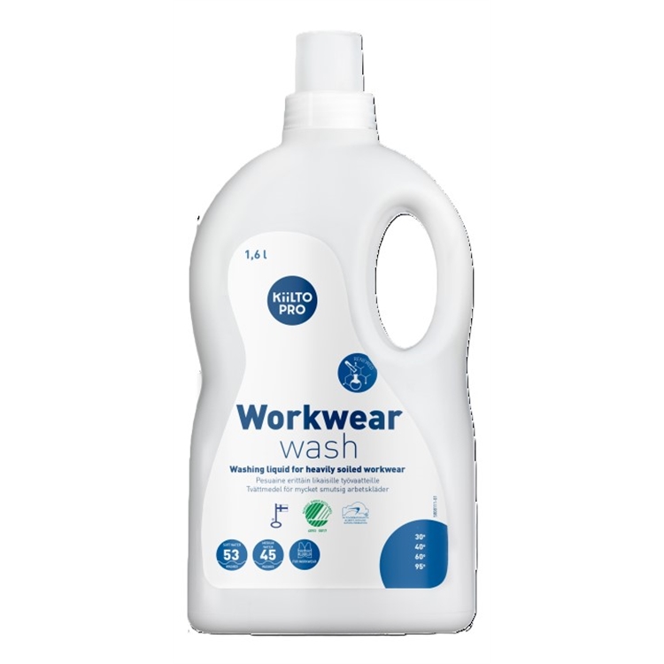 Pyykinpesuneste Kiilto Pro Workwear wash 1,6 L - pesuaine työvaatteille 20 – 95 °C, Joutsenmerkki
