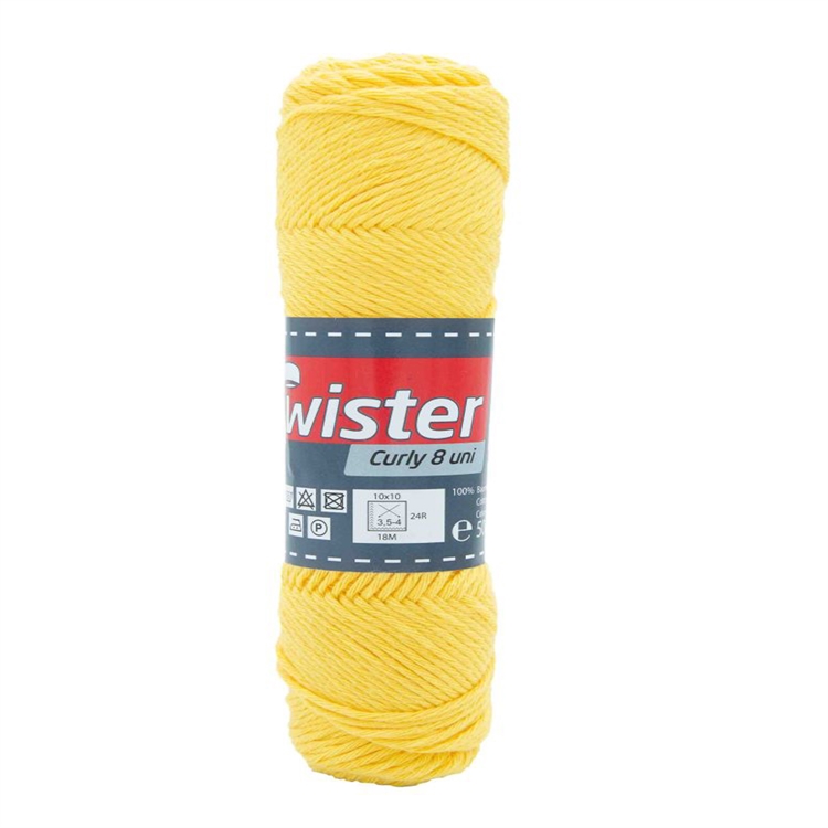 Puuvillalanka Curly keltainen 50g - virkkaa tai neulo, Öko-Tex-standardi 100 -sertifikaatti