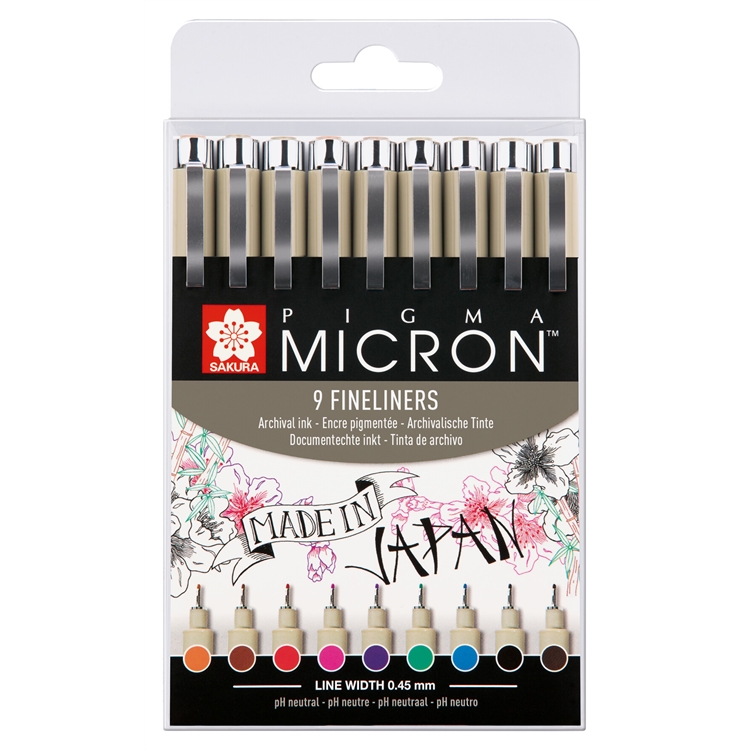 Kuitukärkikynä Sakura Pigma Micron 0,45 mm 9 kpl värilajitelma