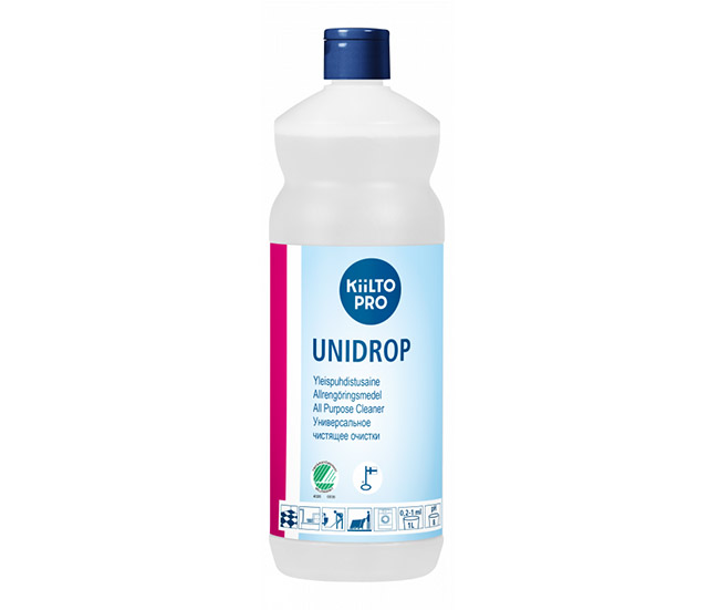 Yleispuhdistusaine Kiilto Unidrop 1 L - kaikille vettä sietäville pinnoille, myös tekstiileille