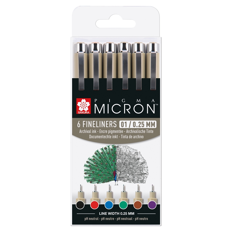 Kuitukärkikynä Sakura Pigma Micron 0,25 mm  6 kpl värilajitelma
