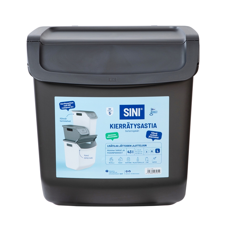 Kierrätysastia Sini 43 L Grafiitti - 71 % kierrätysmateriaalia, voi pinota päällekkäin