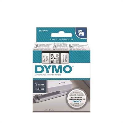 Tarrakasetti Dymo D1 40910 9mm kirkas/musta - 100 % kierrätysmuovia, FSC-sertifioitu tarrapaperi