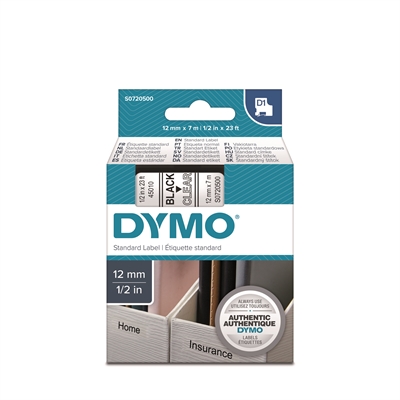 Tarrakasetti Dymo D1 45010 12mm kirkas/musta - 100 % kierrätysmuovia, FSC-sertifioitu tarrapaperi