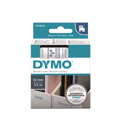 Tarrakasetti Dymo D1 12mm x 7m kirkas/sininen - 100 % kierrätysmuovia, FSC-sertifioitu tarrapaperi