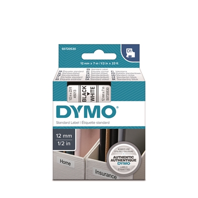 Tarrakasetti Dymo D1 45013 12mm valkoinen/musta - 100 % kierrätysmuovia, FSC-sertifioitu tarrapaperi