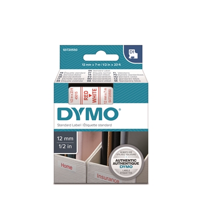 Tarrakasetti Dymo D1 45015 12mm valk/punainen - 100 % kierrätysmuovia, FSC-sertifioitu tarrapaperi