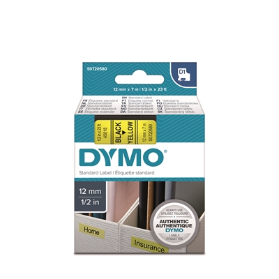 Tarrakasetti Dymo D1 45018 12mm keltainen/musta - 100 % kierrätysmuovia, FSC-sertifioitu tarrapaperi