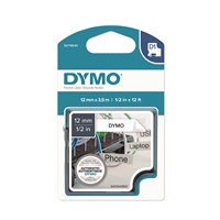 Tarrakasetti Dymo D1 nylon 12mm valkoinen/musta - 100 % kierrätysmuovia, FSC-sertifioitu tarrapaperi