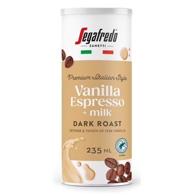 Maitokahvijuoma Segafredo vanilla espresso+milk 0,235 L - Rainforest Alliance, vähälaktoosinen