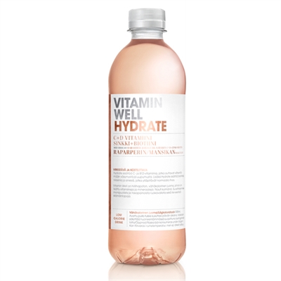 Vitamiinivesi Vitamin Well Hydrate 500ml /12-pack (pantti ei sis) - raparperi-mansikka, B5, B12, C