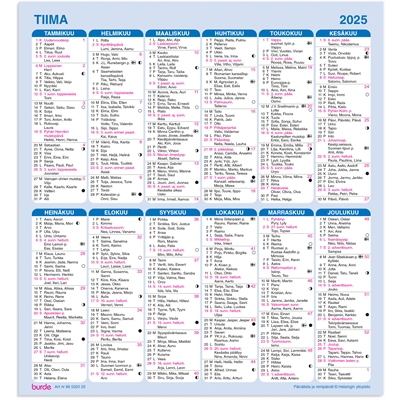 Vuosikalenteri 2025 Seinälehti Tiima - Burde kalenteri