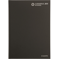 Ajanvaraus/Bokning 2019 musta sidottu pöytäkalenteri