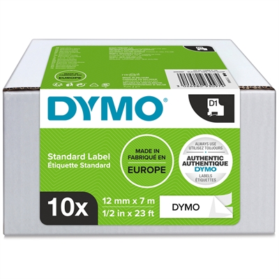 Tarrakasetti Dymo D1 12mm musta/valkoinen 7m 10 rullaa - kokonainen laatikollinen tarrakasetteja