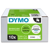 Tarrakasetti Dymo D1 9mm musta/valkoinen 7m 10 rullaa - kokonainen laatikollinen tarrakasetteja